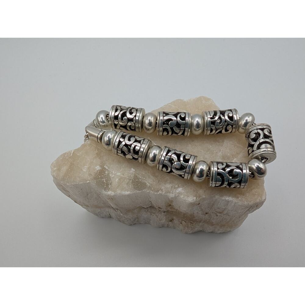 Brighton Scroll Barrel Bead Bracelet Silver Tone 8" Toggle Clasp